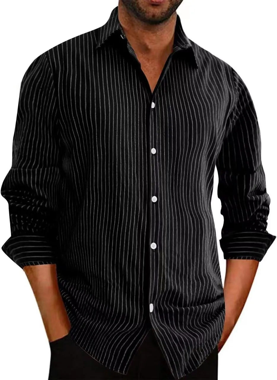 BAYAMO Men's Casual Button-Down Striped Shirts Long Sleeve Cotton Linen Shirts for Men Fashion Business Shirt