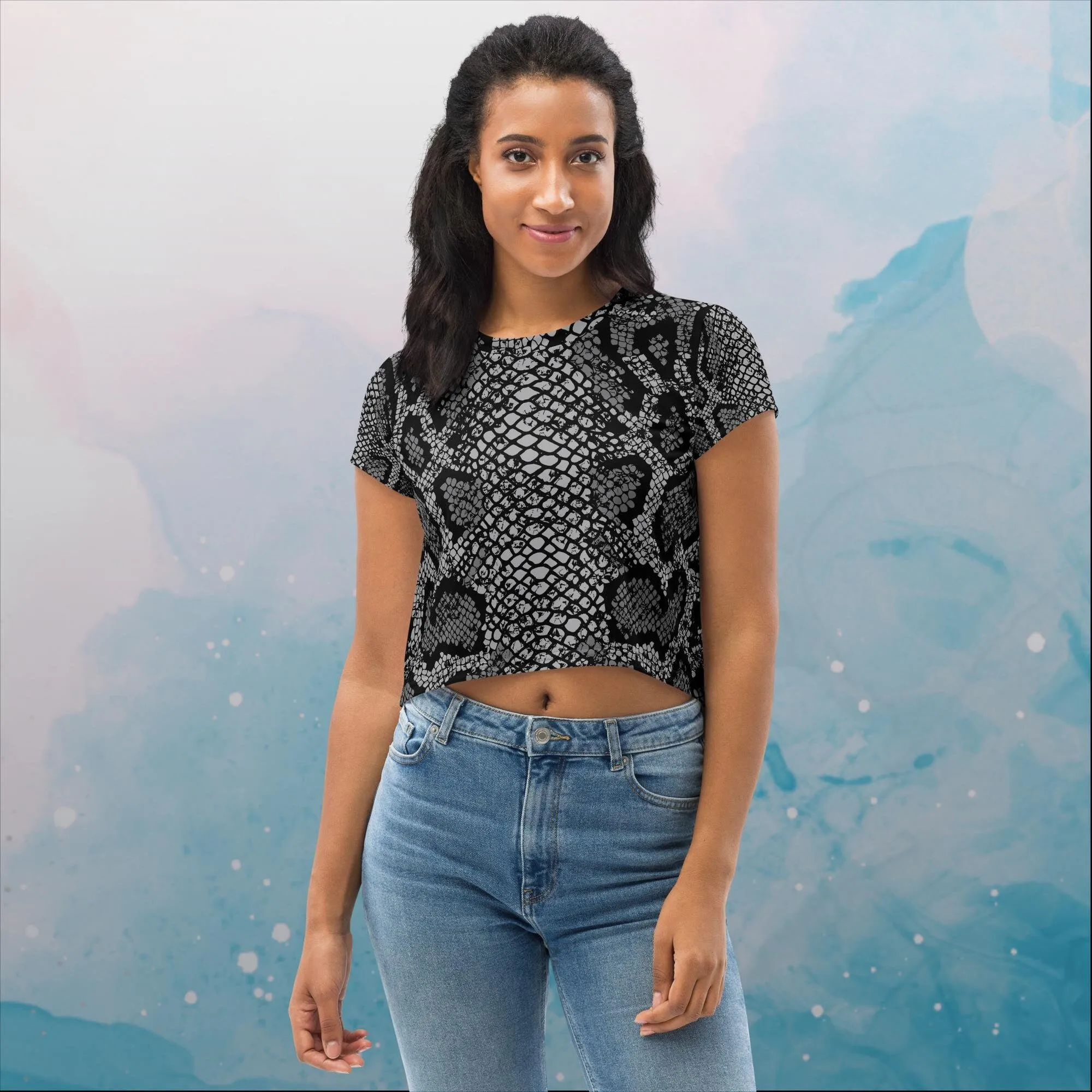 Black Snake Skin Print Womens Print Crop Tee