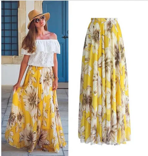 Bohemian Flower Print Wide Flare Maxi Skirt
