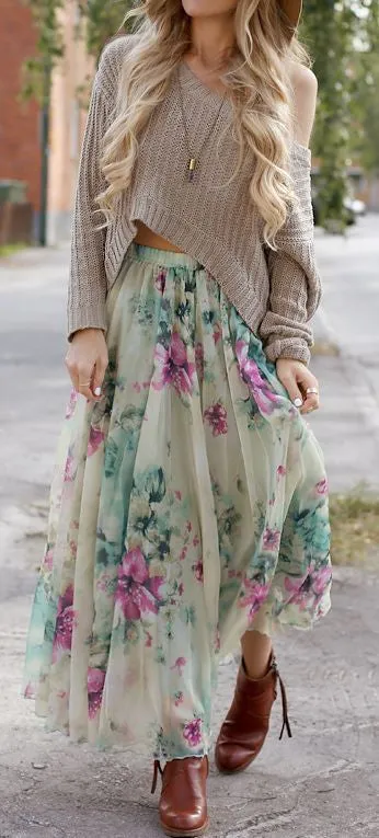 Bohemian Flower Print Wide Flare Maxi Skirt