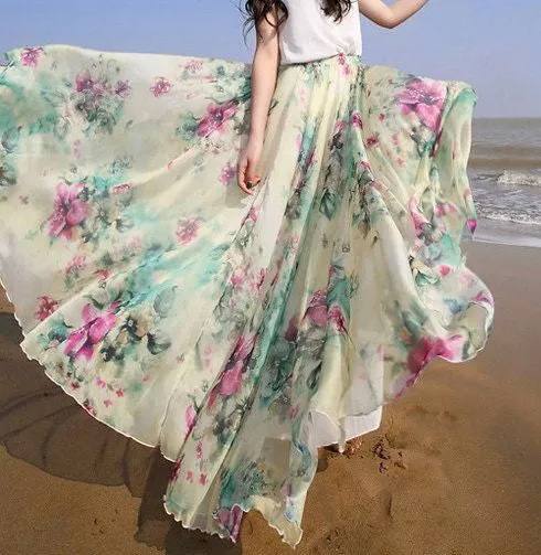 Bohemian Flower Print Wide Flare Maxi Skirt