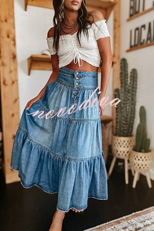 Bohemian High Rise Button Up Loose Denim Pocket Maxi Skirt