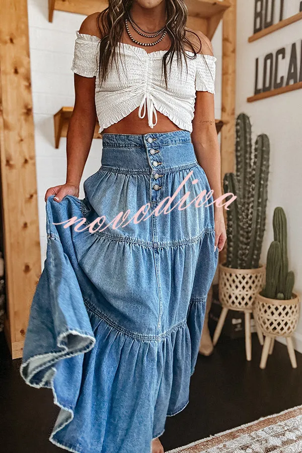 Bohemian High Rise Button Up Loose Denim Pocket Maxi Skirt