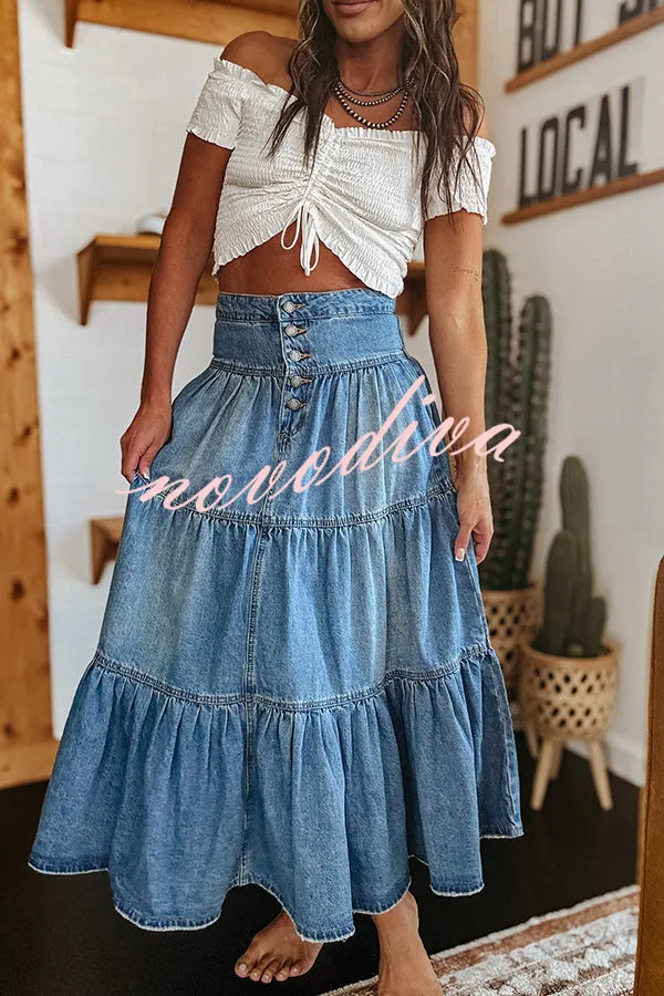 Bohemian High Rise Button Up Loose Denim Pocket Maxi Skirt