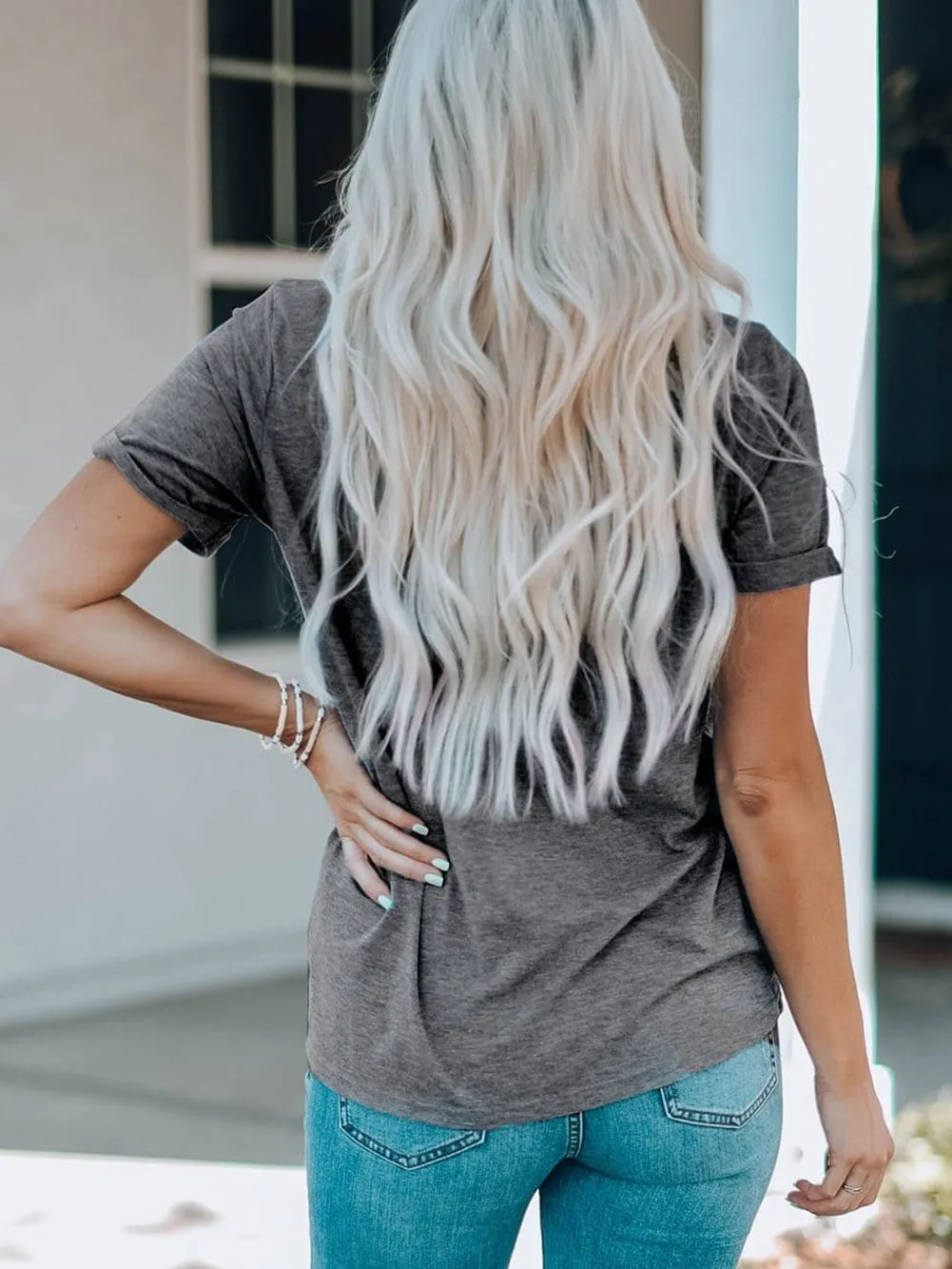 Bowknot Patterned Gray Casual Tee