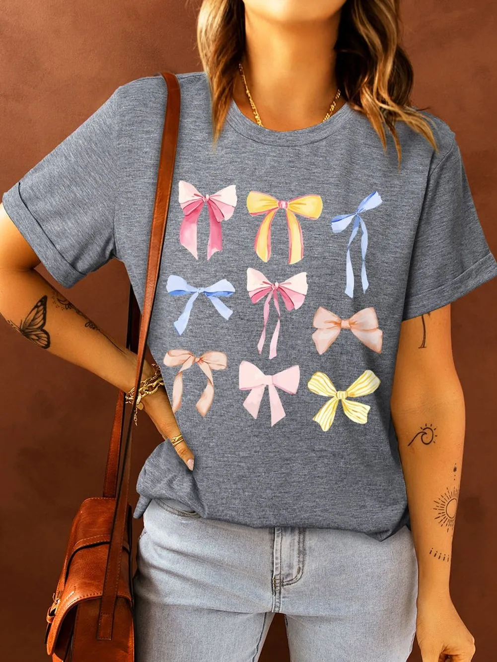 Bowknot Patterned Gray Casual Tee
