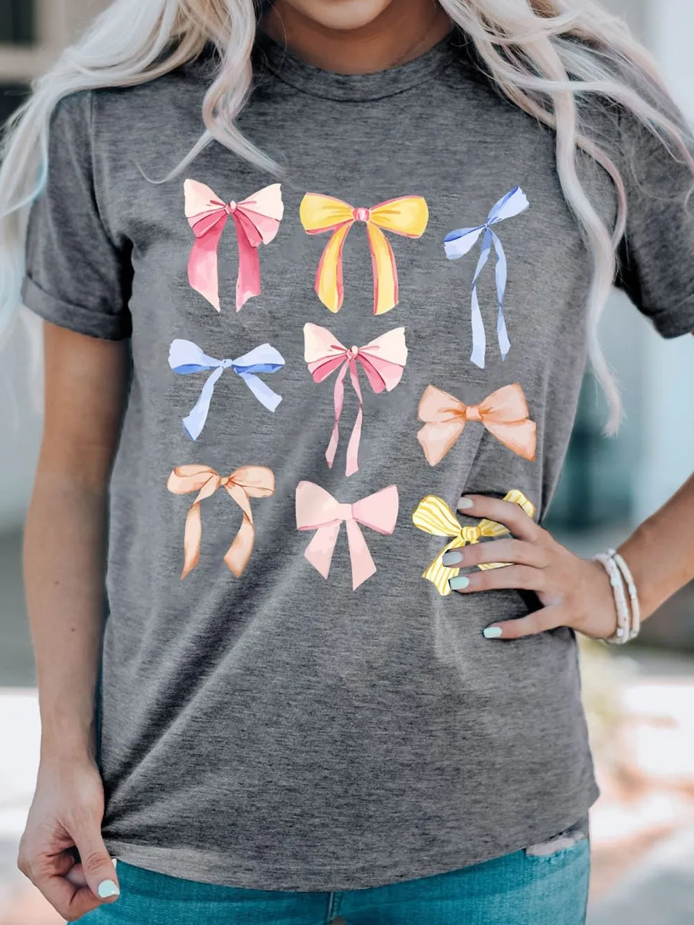 Bowknot Patterned Gray Casual Tee