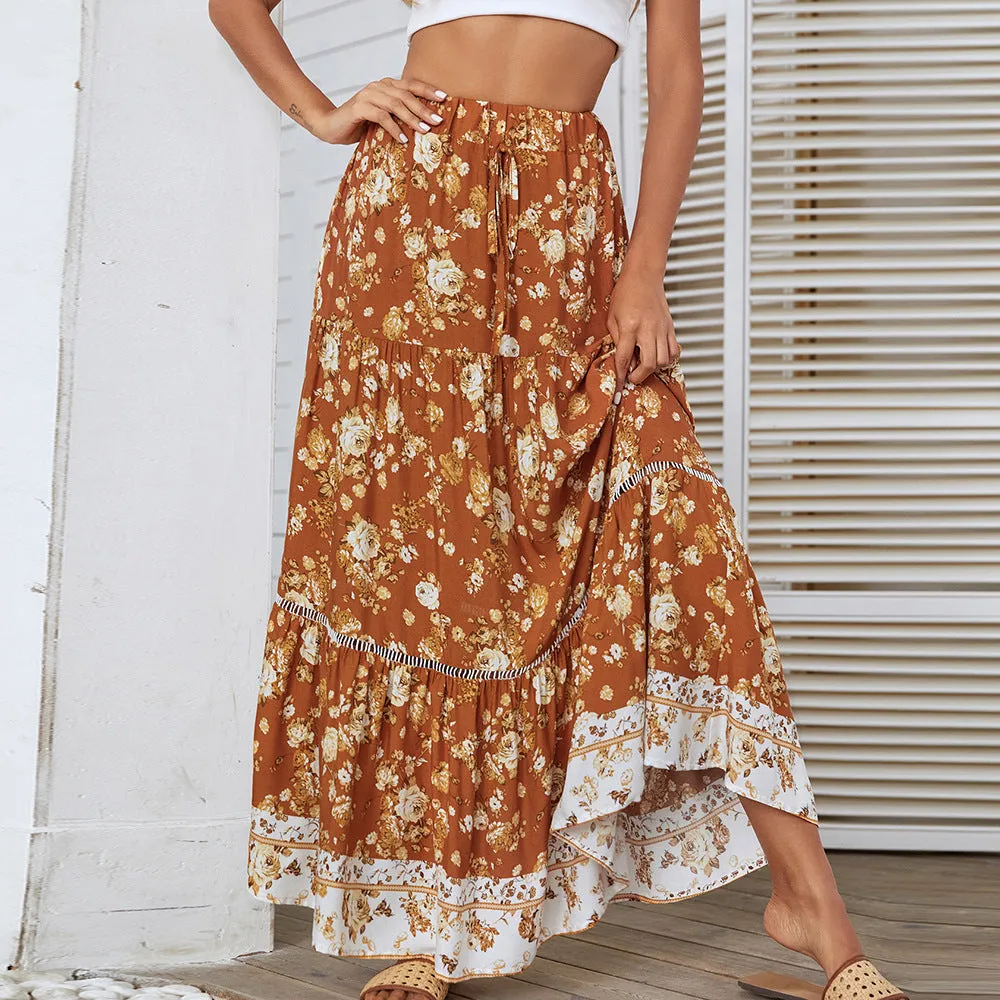 Fashion Smocked Floral Print Large Swing Bohemian Skirt Wholesale Skirts