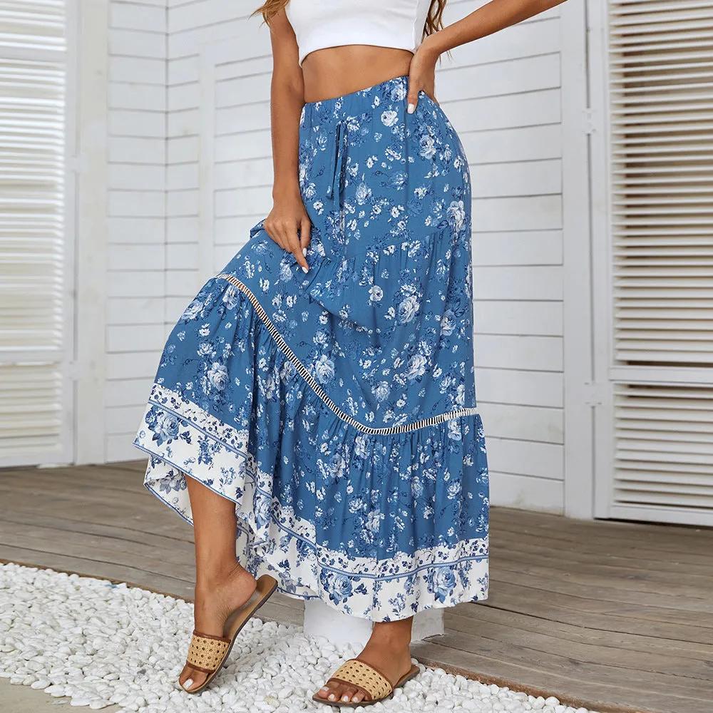 Fashion Smocked Floral Print Large Swing Bohemian Skirt Wholesale Skirts