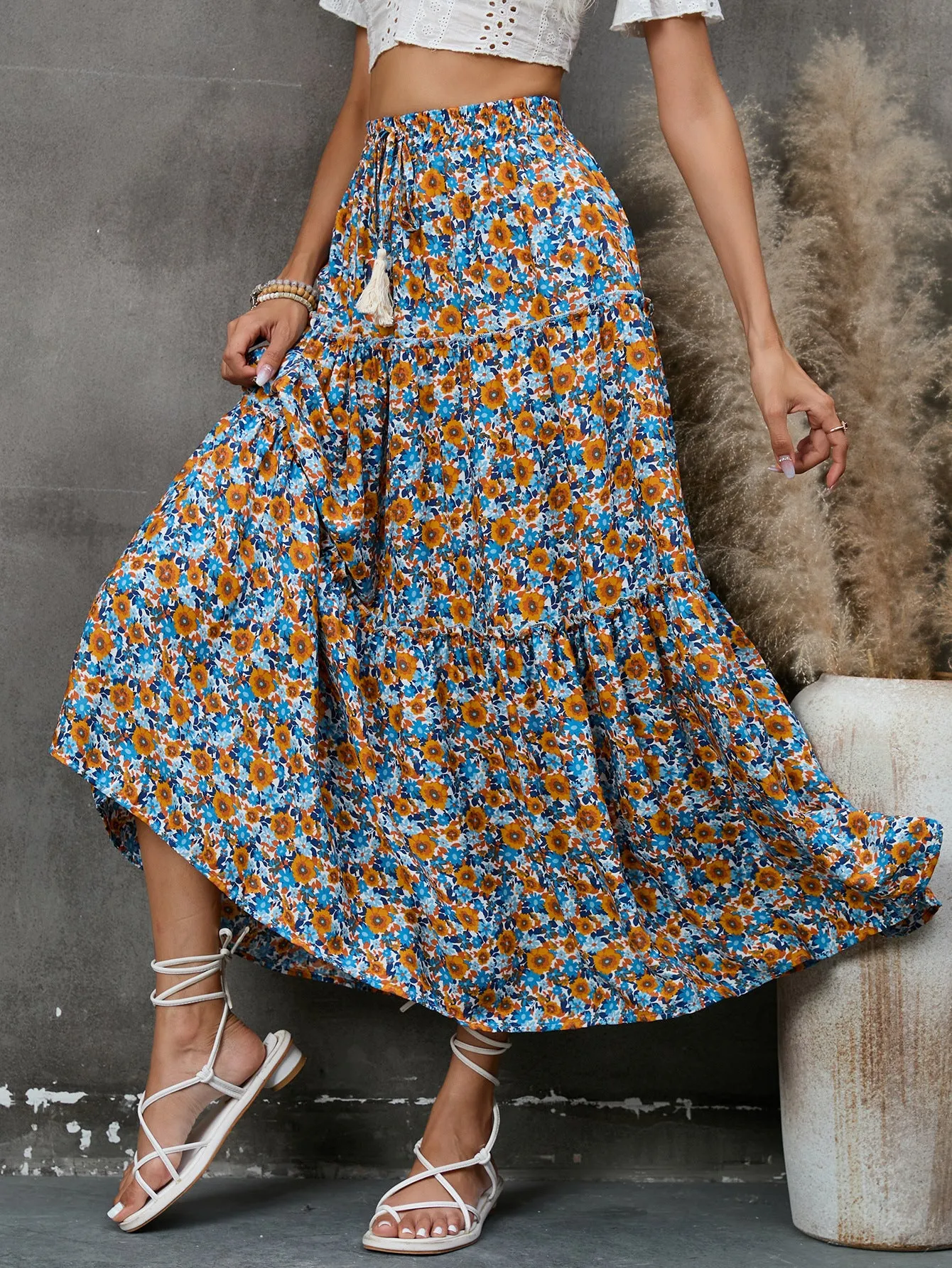 Floral Print Boho Fashion Smocked Bohemian Swing Long Skirt Wholesale Skirts