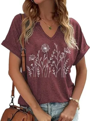 Floral Shirts for Women Wildflowers Dandelion V Neck Cottagecore Graphic Tops Casual Graphic Summer Boho Tees