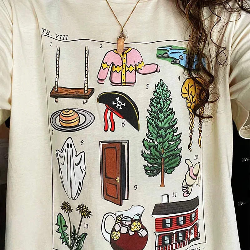Flytonn-Retro sports style outfit streetwear 90s fashion 2024 Summer Taylor Swift Folklore Seven Inspired Graphic  Women T-Shirt Khaki Loose Cotton Short Sleeve Tops Ins Fashion Tees