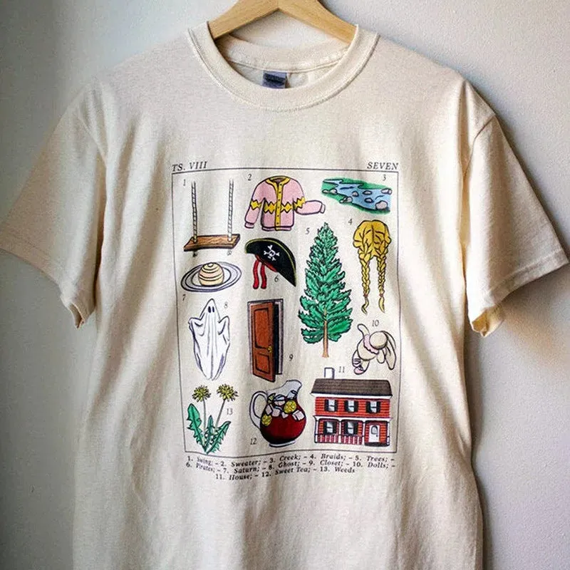 Flytonn-Retro sports style outfit streetwear 90s fashion 2024 Summer Taylor Swift Folklore Seven Inspired Graphic  Women T-Shirt Khaki Loose Cotton Short Sleeve Tops Ins Fashion Tees