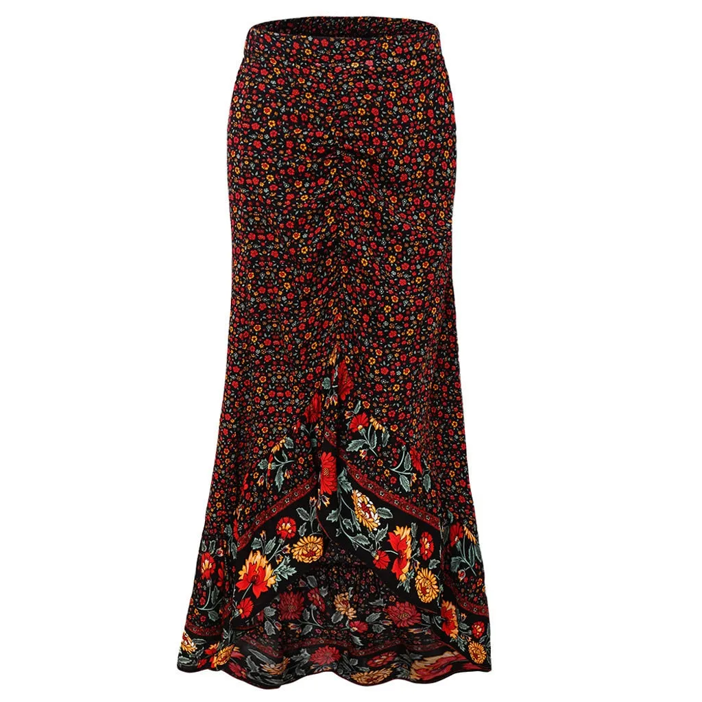 Hot Goth Floral Print Skirts Irregular Hem Lace Long Skirt Bohemian Ankle Goth Skirt