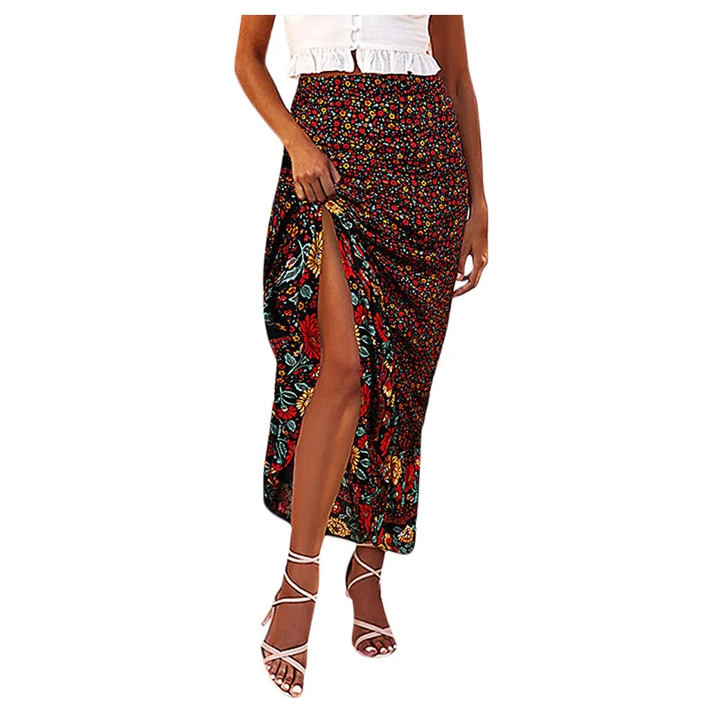 Hot Goth Floral Print Skirts Irregular Hem Lace Long Skirt Bohemian Ankle Goth Skirt