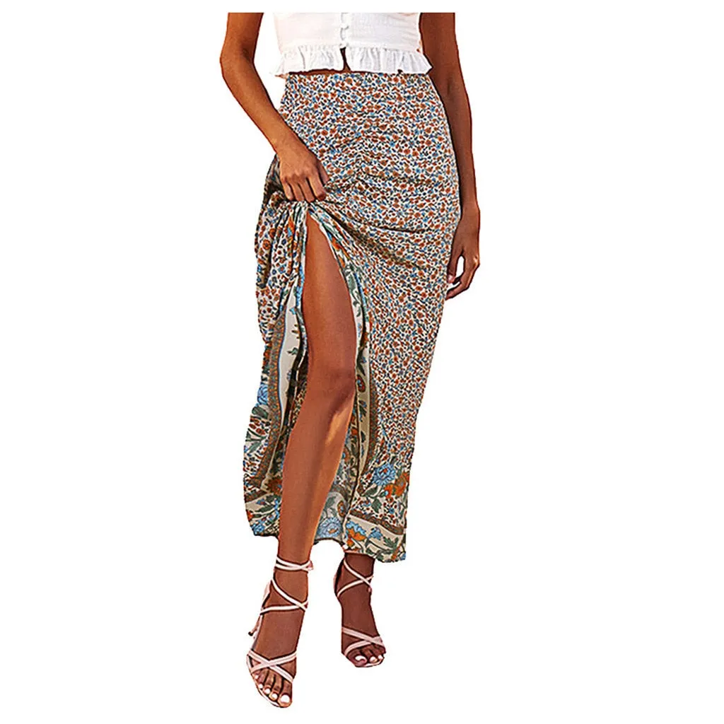 Hot Goth Floral Print Skirts Irregular Hem Lace Long Skirt Bohemian Ankle Goth Skirt