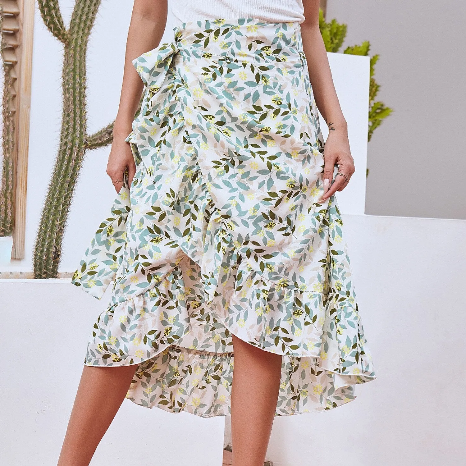 HUAYASX Long Skirts Irregular Floral Chiffon Skirt Women&#39;s Skirt Chiffon Ruffled Irregular Women Clothingd Flower Leaf Pattern