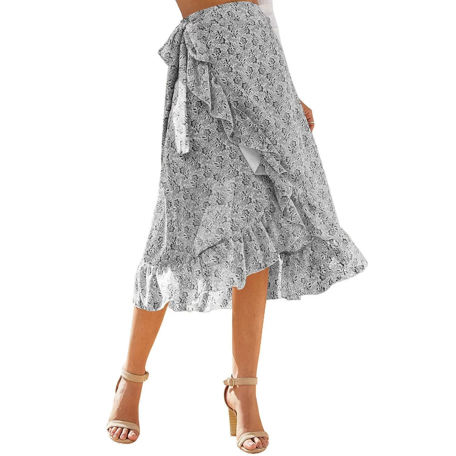 HUAYASX Long Skirts Irregular Floral Chiffon Skirt Women&#39;s Skirt Chiffon Ruffled Irregular Women Clothingd Flower Leaf Pattern