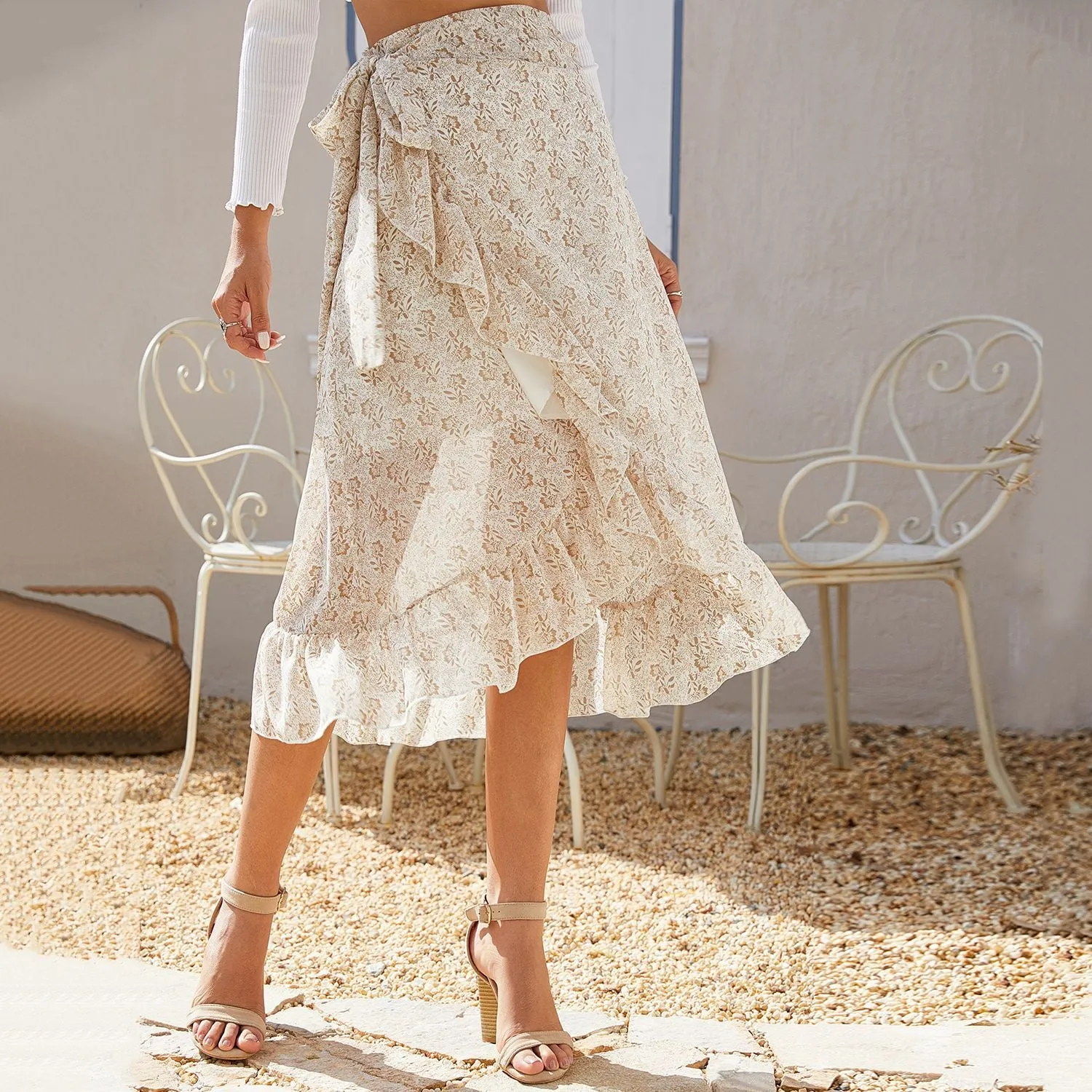 HUAYASX Long Skirts Irregular Floral Chiffon Skirt Women&#39;s Skirt Chiffon Ruffled Irregular Women Clothingd Flower Leaf Pattern