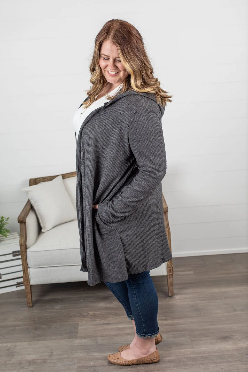 IN STOCK Claire Hooded Waffle Cardigan - Charcoal