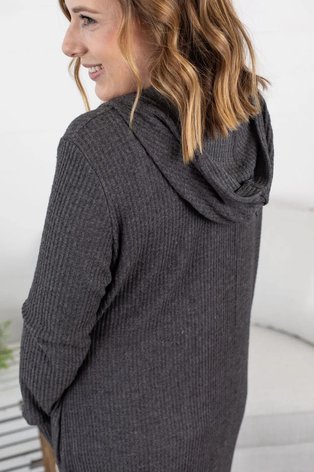 IN STOCK Claire Hooded Waffle Cardigan - Charcoal