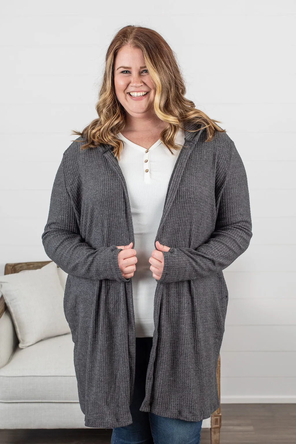 IN STOCK Claire Hooded Waffle Cardigan - Charcoal