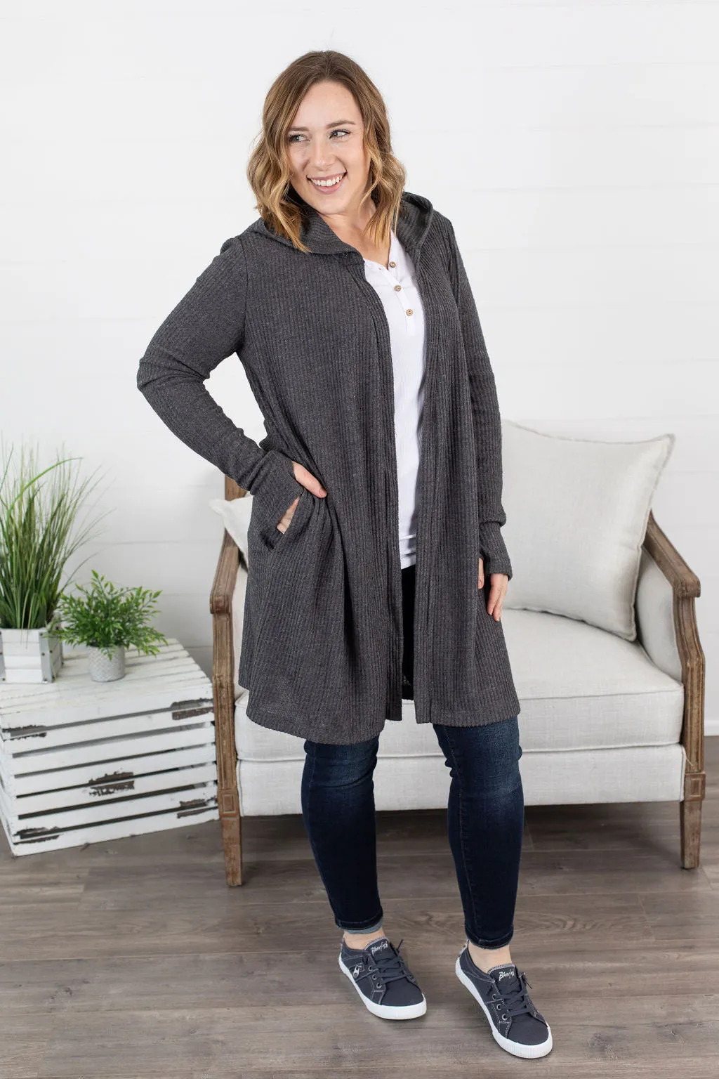IN STOCK Claire Hooded Waffle Cardigan - Charcoal