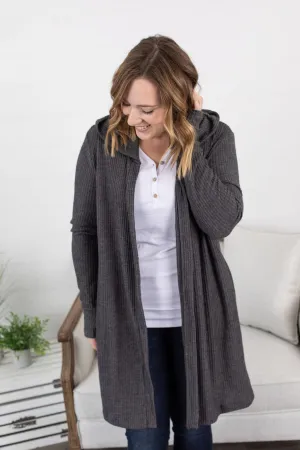 IN STOCK Claire Hooded Waffle Cardigan - Charcoal