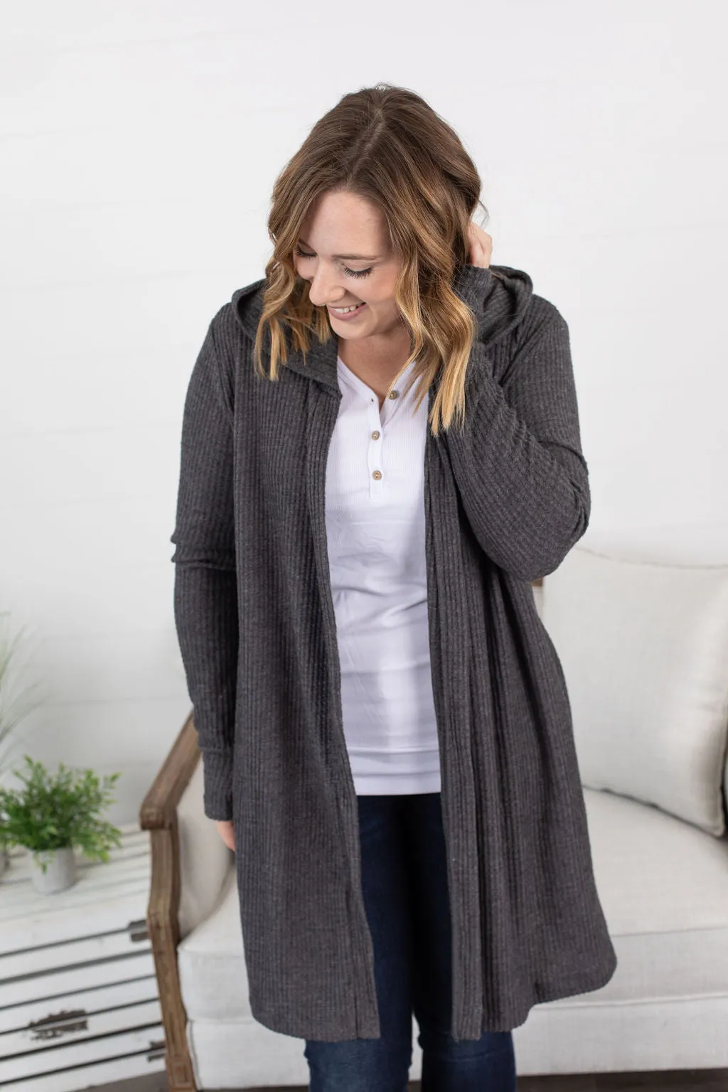 IN STOCK Claire Hooded Waffle Cardigan - Charcoal