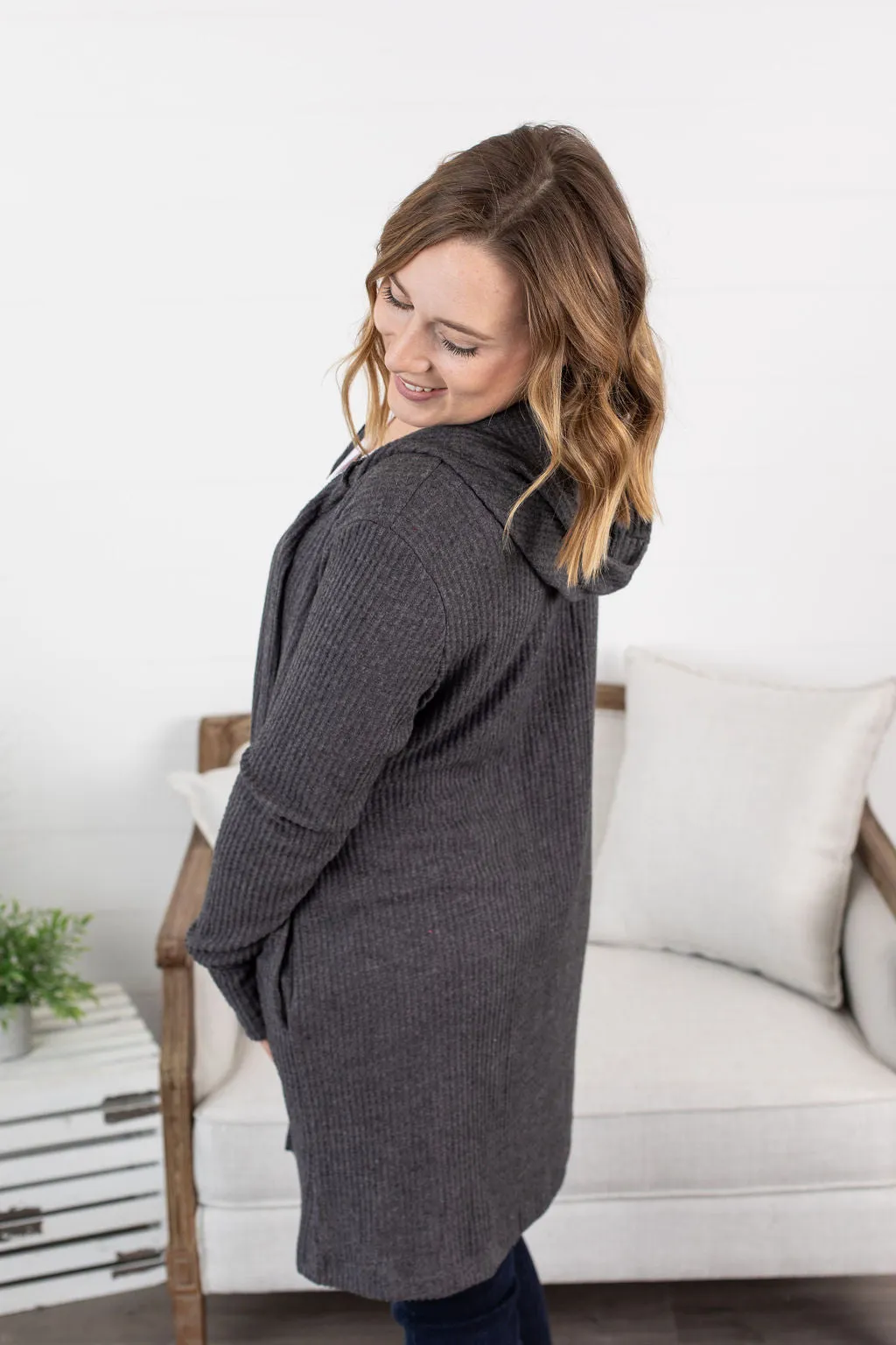IN STOCK Claire Hooded Waffle Cardigan - Charcoal
