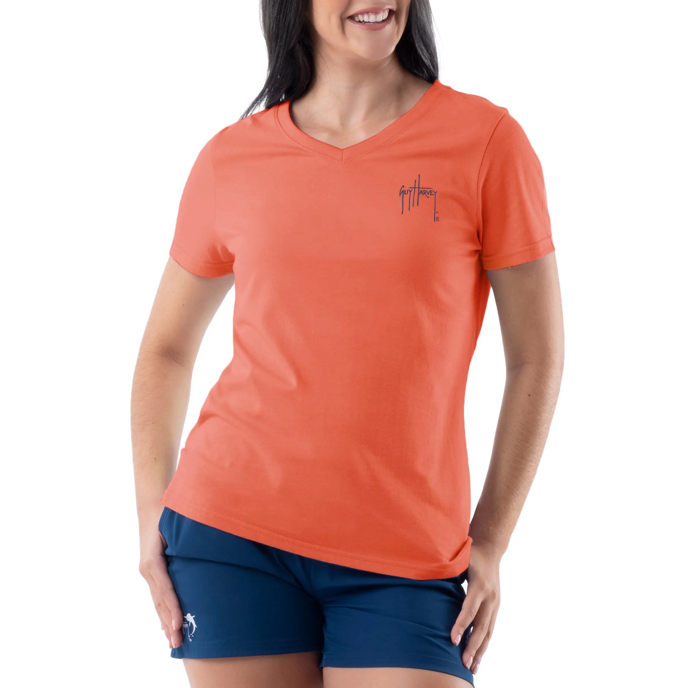 Ladies Marlin Runner Coral Short Sleeve V-Neck T-Shirt