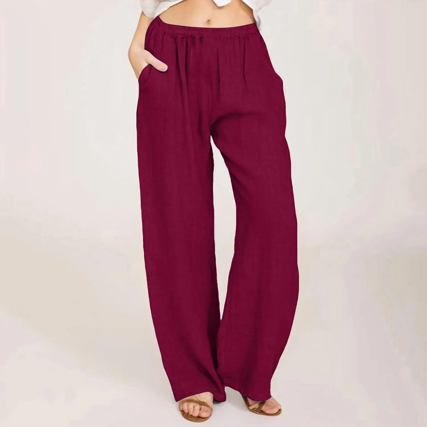 Linen Beach Pants Women Pants Drawstring Striped with Pockets- Trendy Trousers Wide Leg Gauze for Women Sweat