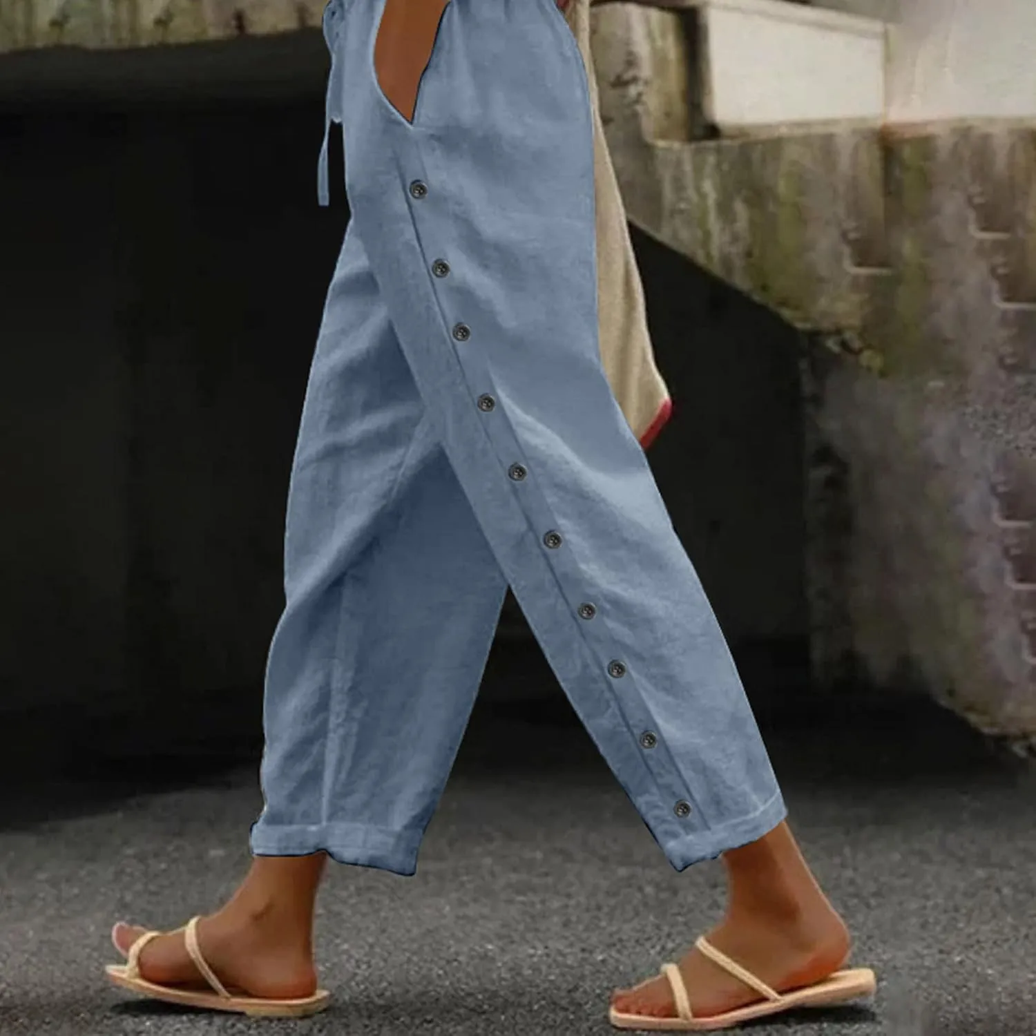 Linen Capris for Women Causal Beach Pants Drawstring Elastic Waist Boyfriend Pants Loose Lightweight Comfy Baggy Summer Pants