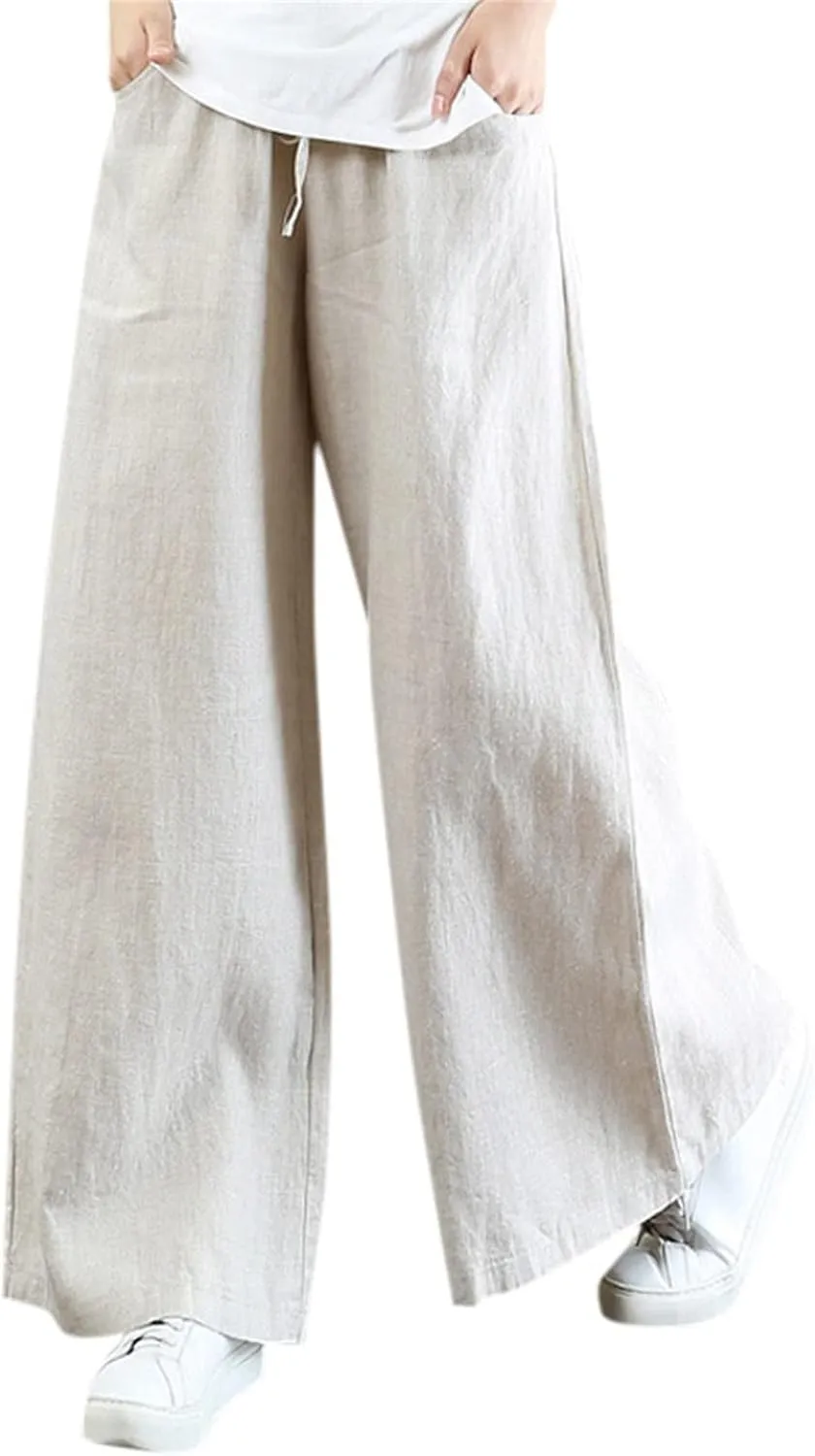 Linen Pants for Women Casual Loose Fit Flowy Wide Leg Pants Stretchy Straight Summer Beach Vacation Trousers with Pockets