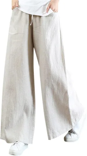 Linen Pants for Women Casual Loose Fit Flowy Wide Leg Pants Stretchy Straight Summer Beach Vacation Trousers with Pockets