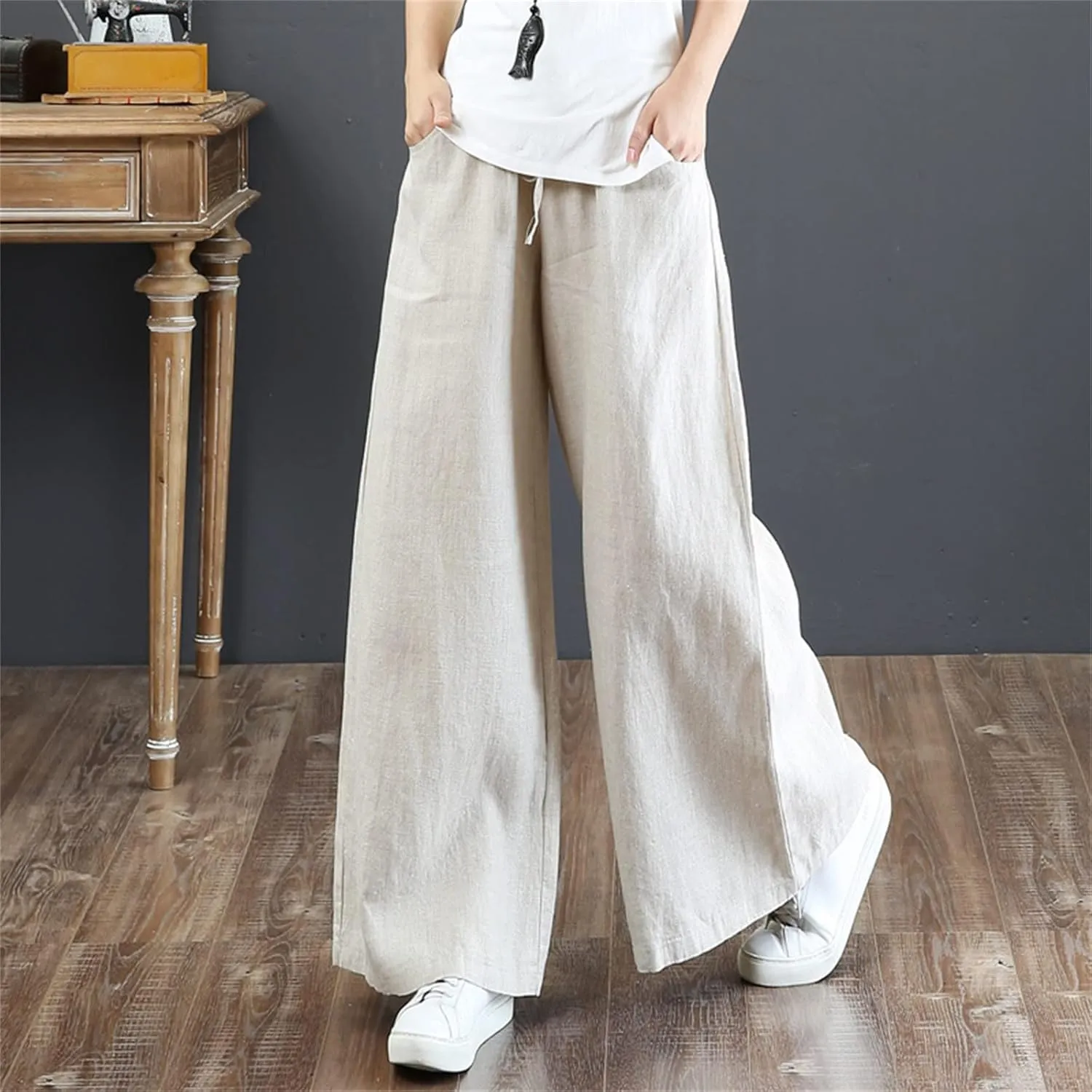 Linen Pants for Women Casual Loose Fit Flowy Wide Leg Pants Stretchy Straight Summer Beach Vacation Trousers with Pockets