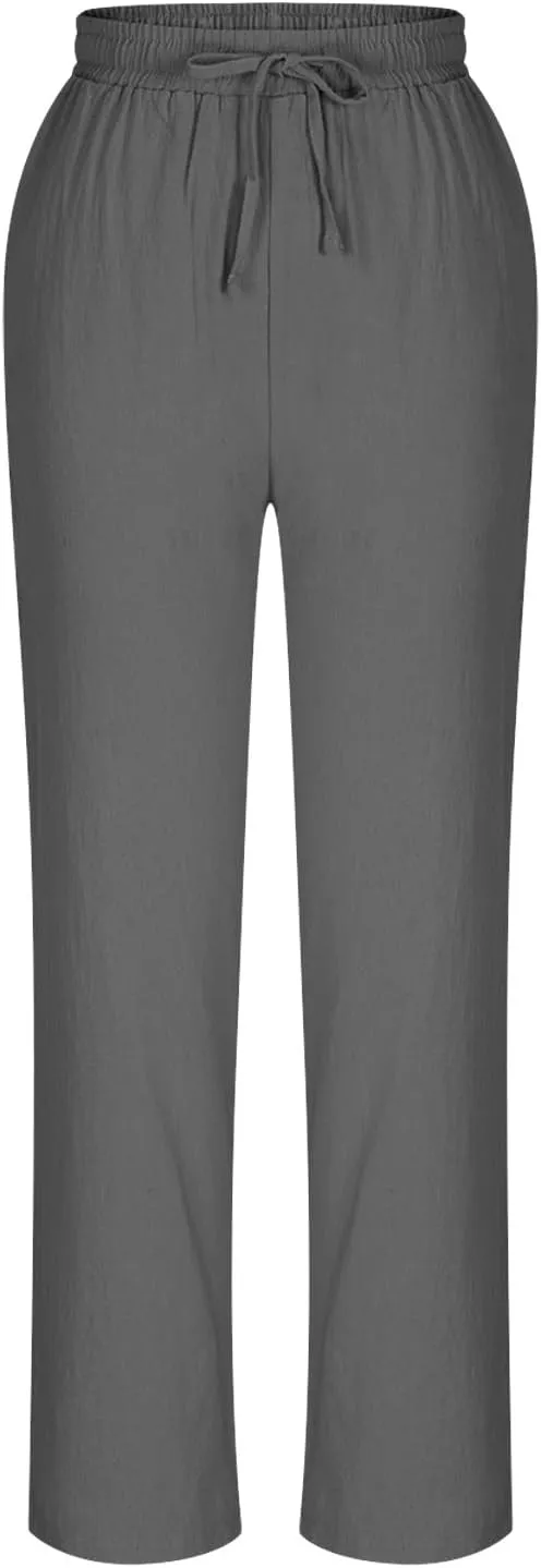 Linen Straight Leg Pants for Women Elastic Waist Ankle Length Pants Summer Casual Beach Trousers with Pockets 2025