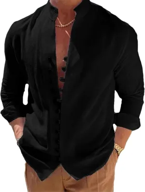 Men's Summer Casual Cotton Linen Long Sleeve Shirts Stand-Up Collar Single Breasted Slim Shirts Tops Camisas Male
