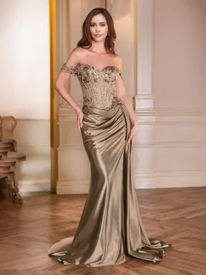 Mocha Prom Dress Off The Shoulder Sweetheart Sequins Appliqued Trumpet/Mermaid Prom Dress With Slit