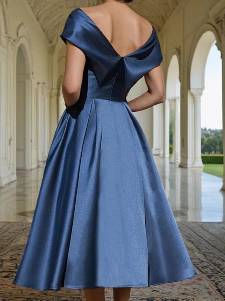 Off the Shoulder Cross Bodice Tea Length Satin Prom Dress