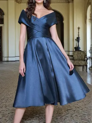 Off the Shoulder Cross Bodice Tea Length Satin Prom Dress