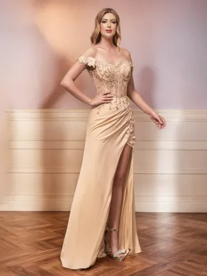 Peach Prom Dress Off The Shoulder Flower Appliques Sequined Bodice Sheath Prom Dress