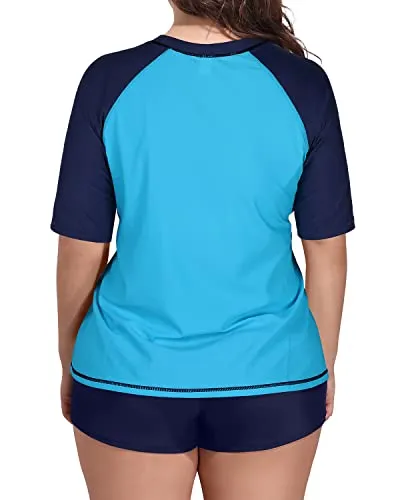 Plus Size Women's Loose Short Sleeved Rash Guard Swimsuit-Aqua