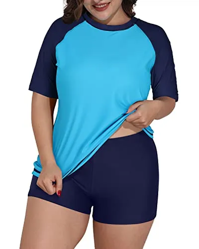 Plus Size Women's Loose Short Sleeved Rash Guard Swimsuit-Aqua
