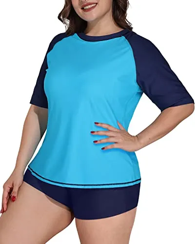 Plus Size Women's Loose Short Sleeved Rash Guard Swimsuit-Aqua