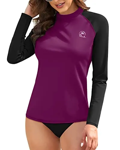 Raglan Sleeve And Crew Neck Long Sleeve Swim Shirts For Women-Maroon