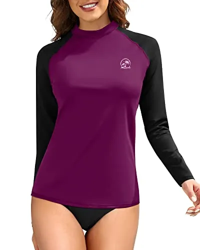 Raglan Sleeve And Crew Neck Long Sleeve Swim Shirts For Women-Maroon
