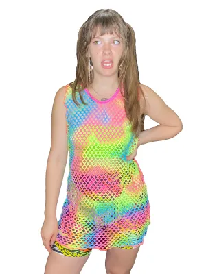 Rainbow Fishnet Tank Top with Pink Binding