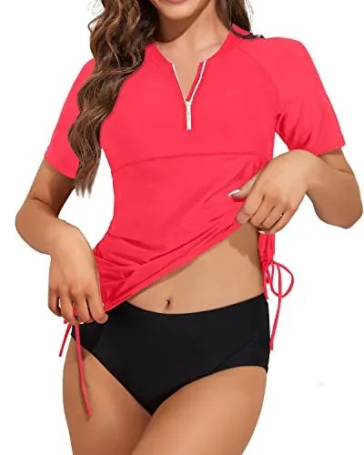 Short Sleeve Swim Shirt With Bottom Built In Bra Zipper Upf50 For Women-Red