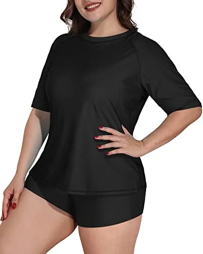 Short Sleeved Plus Size Uv Blocking Rash Guard Swimsuit For Women-Black